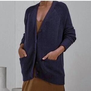 Lunya Cozy Cotton Silk Button Front Cardigan In Deep Blue Heather Size L - XL‎